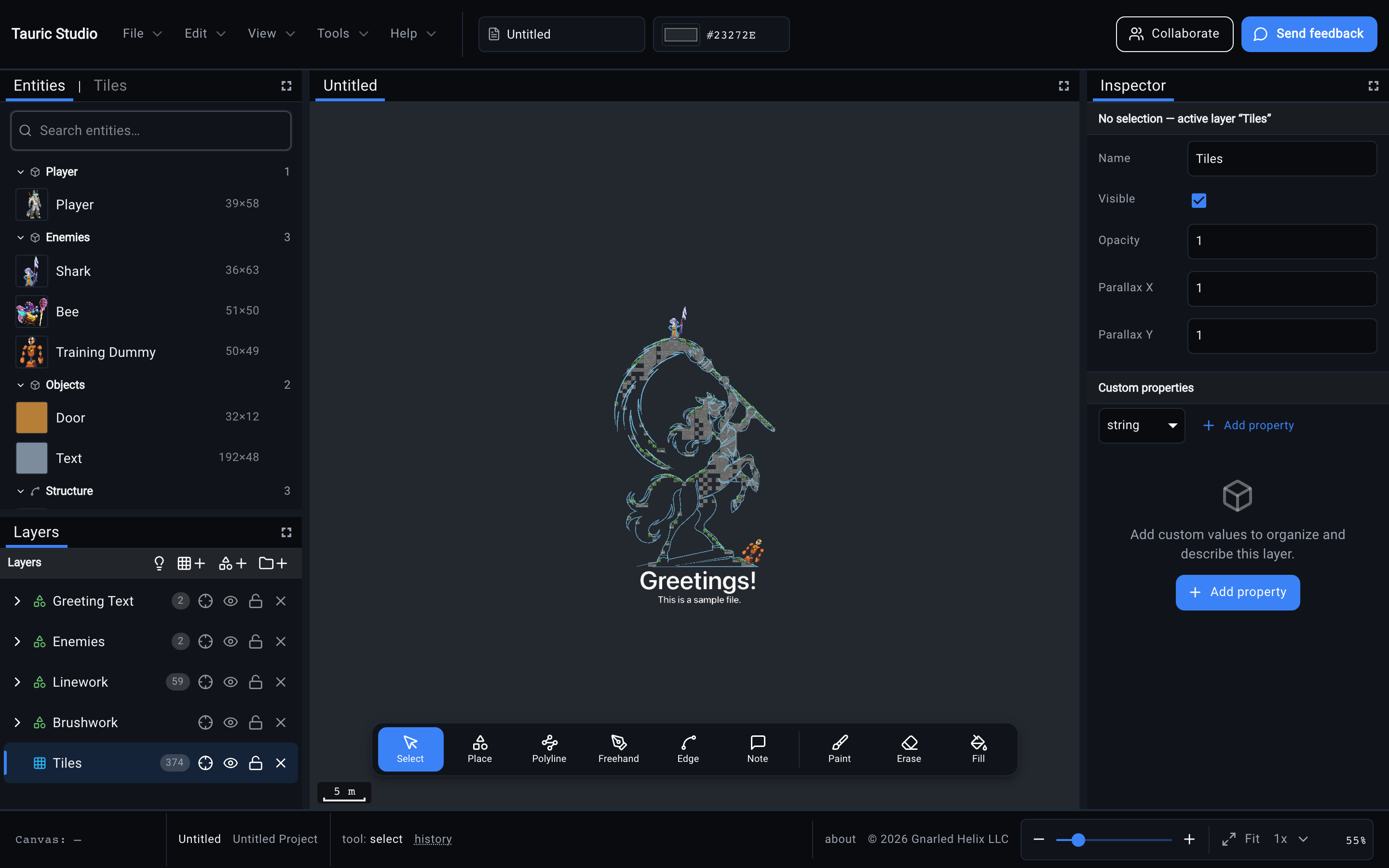 The Tauric Studio editor: entity palette, layer list, a traced drawing over a tile map, and an inspector.
